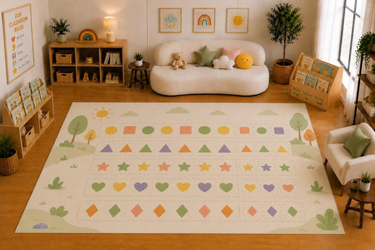 ICE ARMOR Large 6'7" x 9'10" Shape Pattern Learning Area Rug for for Kids Room, Classroom, Bedroom, Playroom Decor, Soft Low Pile Indoor Rug with Non-Slip Silicone Backing, Pastel Multicolor