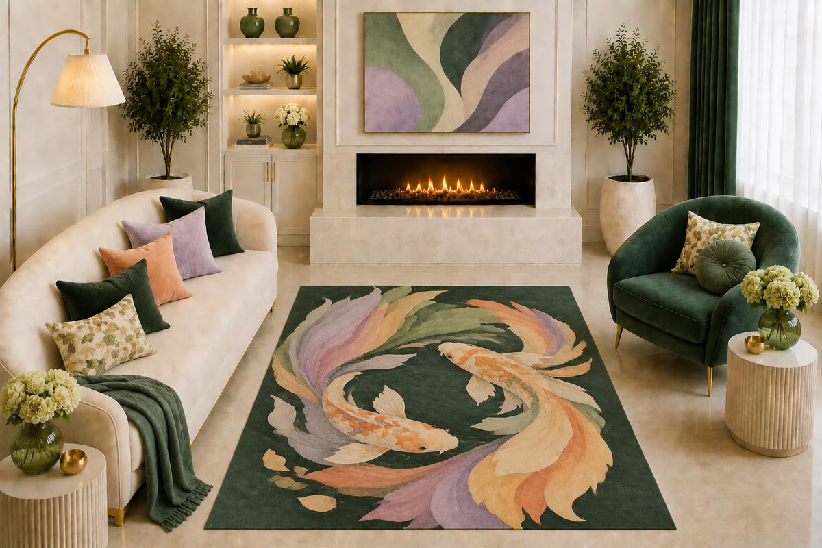 ICE ARMOR "Ultra Light Weight 5' x 7' Koi Fish Area Rug Japanese Zen Floral Art Green Peach Lavender for Living Room Bedroom Dining Room Non-Slip Silicone Backing Low Pile