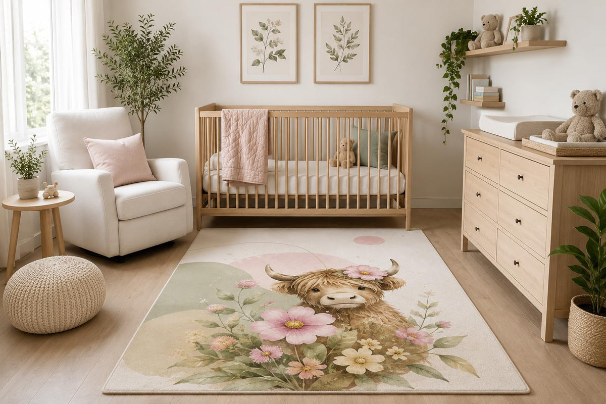 ICE ARMOR 5' x 7' Highland Cow Floral Area Rug, Cute Boho Farm Animal with Pink Wildflowers Nursery Kids Bedroom Decor, Non-Slip Silicone Backing Low Pile Carpet