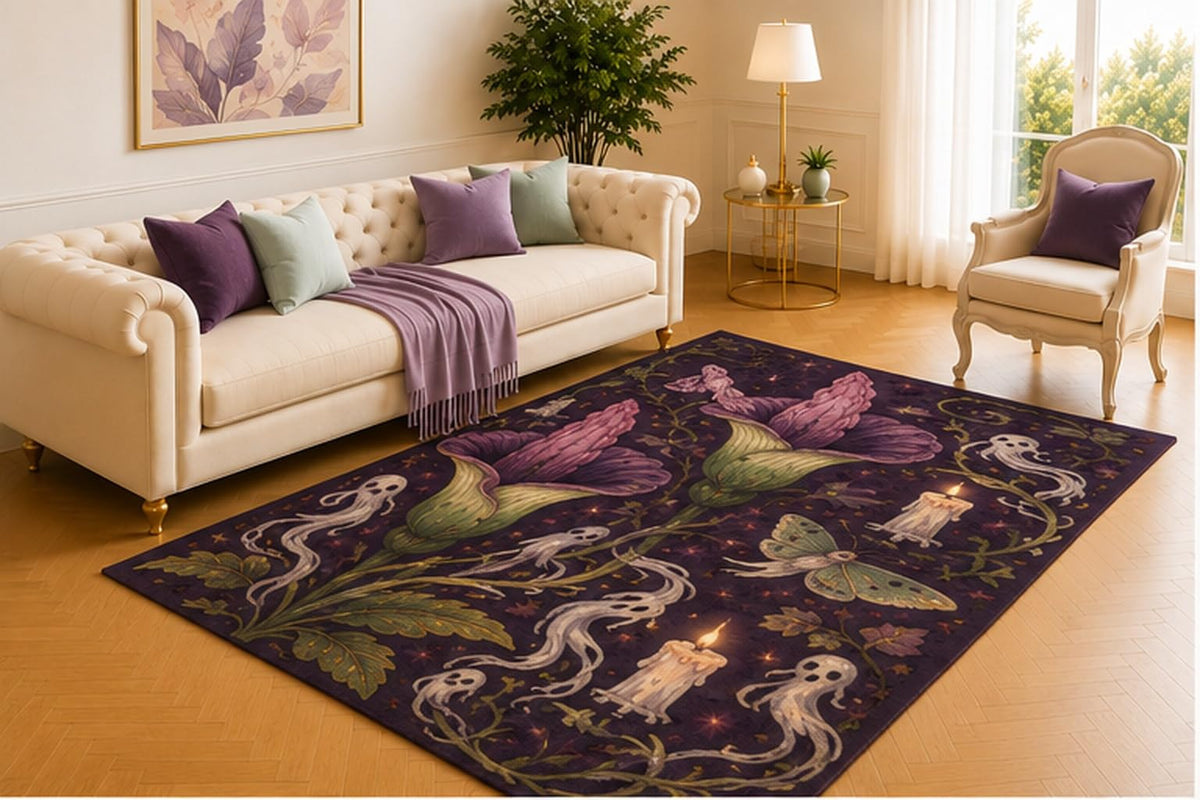 ICE ARMOR 5' x 7' Haunted Bellflower Raven Rug, Forest Green Botanical Pattern with Purple Mushrooms and Black Birds, Moody Floor Decor for Bedroom, Den or Lounge