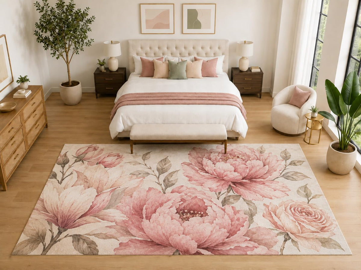 ICE ARMOR "Ultra Light Weight Large 6'7" x 9'10" Peony Rose Garden Rug, Soft Low Pile Indoor Rug, Non-Slip Silicone Backing for Bedroom Blush Pink