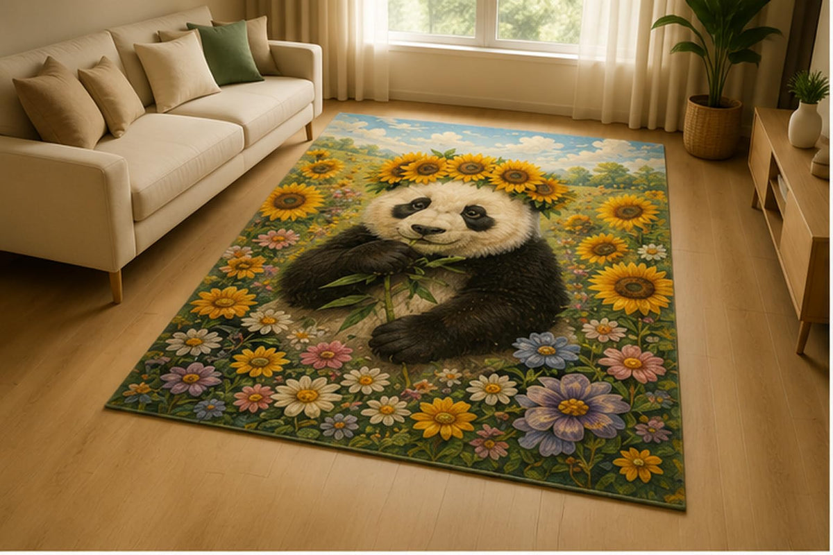ICE ARMOR 5' x 7' Panda Sunflower Meadow Area Rug for Living Room, Soft Low Pile Indoor Rug with Non-Slip Silicone Backing, Cute Wildlife Floral Decor for Bedroom, Nursery, Kids Room, Kids & Pets