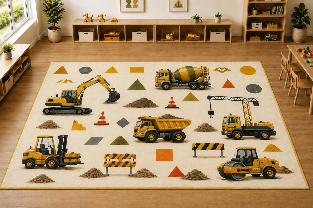 ICE ARMOR Large 6'7" x 9'10" Construction Trucks Area Rug, Soft Low Pile Indoor Rug with Non-Slip Silicone Backing for Kids Room and Playroom, Beige