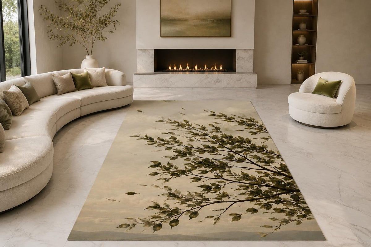 ICE ARMOR "Ultra Lightweight Large 6'7" x 9'10" Botanical Sprigs Area Rug for Living Room, Bedroom and Home Office, Soft Low Pile Carpet with Non-Slip Silicone Backing, Beige and Green