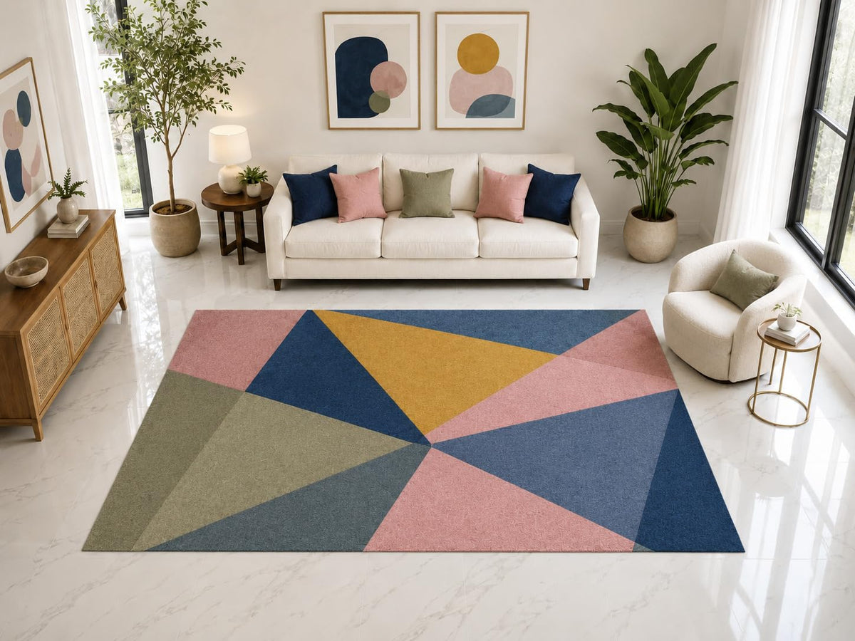 ICE ARMOR "Ultra Light Weight Large 6'7" x 9'10" Multicolor Facet Geometric Rug, Soft Low Pile Indoor Rug, Non-Slip Silicone Backing for Office Blue