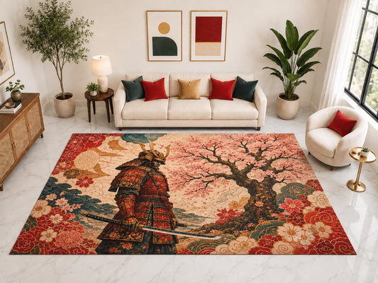 ICE ARMOR "Ultra Light Weight Large 6'7" x 9'10" Samurai Cherry Blossom Rug, Soft Low Pile Indoor Rug, Non-Slip Silicone Backing for Living Room Red
