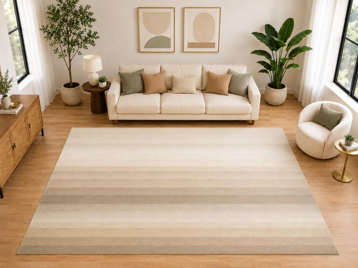 ICE ARMOR "Ultra Light Weight Large 6'7" x 9'10" Neutral Gradient Stripe Area Rug for Bedroom, Soft Low Pile Indoor Rug and Non-Slip Silicone Backing, Beige