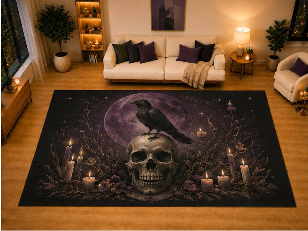 ICE ARMOR "Ultra Light Weight Large 6'7" x 9'10" Raven Skull Candle Purple Moon Area Rug for Living Room Bedroom, Soft Low Pile Non-Slip Backing, Black Purple Gothic Halloween Decor
