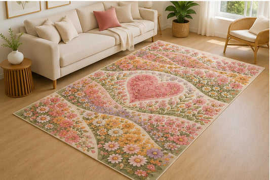 ICE ARMOR 5' x 7' Floral Heart Patchwork Garden Area Rug for Living Room, Soft Low Pile Indoor Rug with Non-Slip Silicone Backing, Decorative Carpet for Bedroom, Office, Family Room