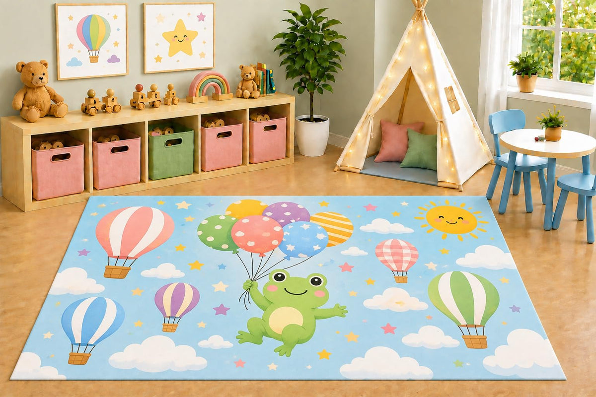 ICE ARMOR 5' x 7' Frog Balloon Adventure Area Rug, Cute Hot Air Balloons Rainbow Sky Cartoon Kids Playroom Nursery Bedroom Rug, Non-Slip Silicone Backing Low Pile