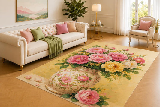 ICE ARMOR 5' x 7' Rose Garden Vase Rug, Pink and Yellow Blooms in a Floral Pot on Warm Cream, Charming Cottage Accent for Living Room, Bedroom, Hallway or Guest Area