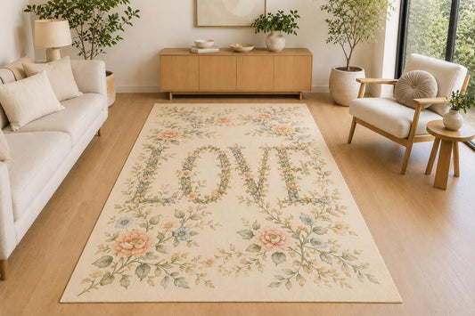 ICE ARMOR 5' x 7' Floral Vine Love Typography Area Rug, Soft Low Pile Indoor Rug with Non-Slip Silicone Backing for Living Room, Bedroom, Family Room, Cottage Decor, Cream Sage Pink