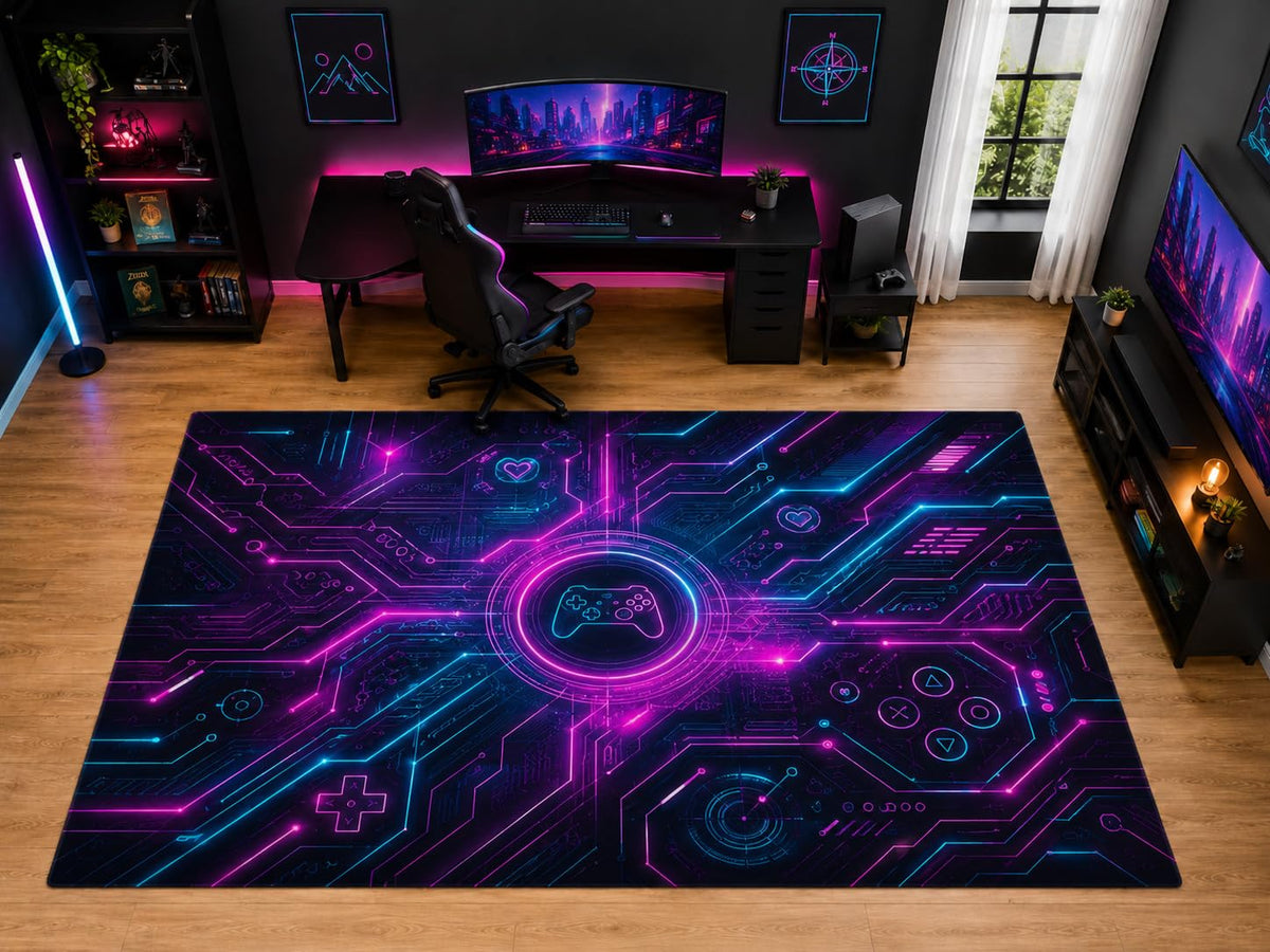 ICE ARMOR "Ultra Light Weight Large 6'7" x 9'10" Neon Circuit Gaming Area Rug for Kids Room Office, Soft Low Pile Indoor Rug and Non-Slip Silicone Backing, Black