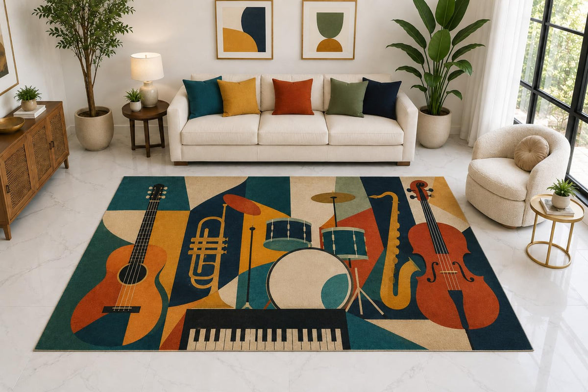 ICE ARMOR "Ultra Light Weight Large 6'7" x 9'10" Music Ensemble Rug, Soft Low Pile Indoor Rug, Non-Slip Silicone Backing for Living Room Teal