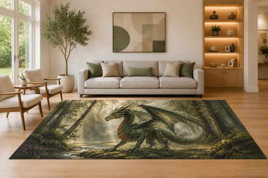 ICE ARMOR Large 6'7" x 9'10" Green and Gray Forest Dragon Area Rug for Living Room, Soft Low Pile Carpet with Non-Slip Silicone Backing, Decor for Bedroom Dining Room and Home Office