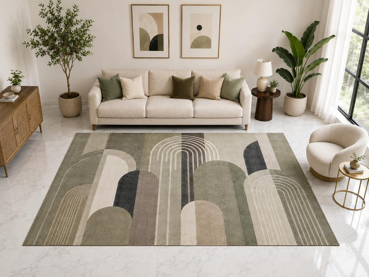 ICE ARMOR Large 6'7" x 9'10" Art Deco Arch Geometric Area Rug, Soft Low Pile Indoor Rug and Non-Slip Silicone Backing for Living Room Bedroom, Gray Sage
