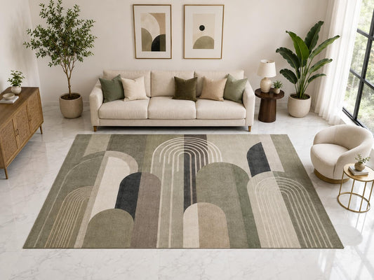 ICE ARMOR Large 6'7" x 9'10" Art Deco Arch Geometric Area Rug, Soft Low Pile Indoor Rug and Non-Slip Silicone Backing for Living Room Bedroom, Gray Sage
