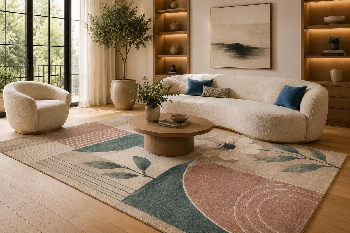 ICE ARMOR 6'7" x 9'10" Teal and Blush Floral Geometry Area Rug for Living Room, Soft Low Pile Carpet with Non-Slip Silicone Backing, Floor Decor for Bedroom, Dining Area and Home Office