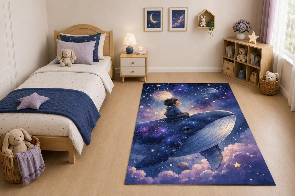 ICE ARMOR "Ultra Light Weight 5' x 7' Star Whale Rider Area Rug for Living Room, Bedroom and Home Office, Soft Low Pile Carpet with Non-Slip Silicone Backing, Navy Blue and Purple