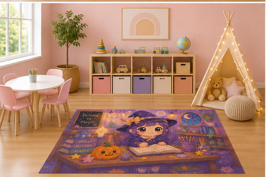 ICE ARMOR 5' x 7' Little Witch Reading Kids Area Rug, Cute Magical Girl Pumpkin Spell Books Fantasy Playroom Nursery Bedroom Decor, Non-Slip Silicone Backing Low Pile