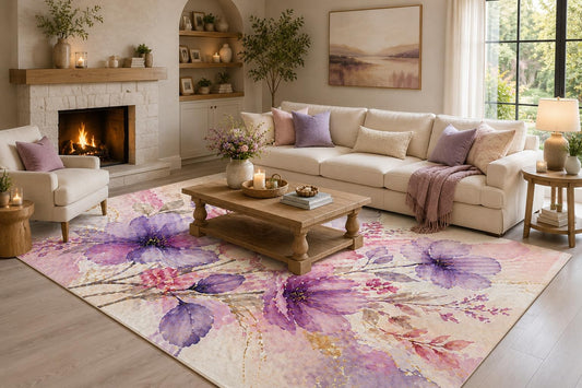 ICE ARMOR 6'7" x 9'10" Lavender, Purple and Cream Watercolor Flowers Area Rug for Living Room, Soft Low Pile with Non-Slip Backing, Bedroom, Dining Area and Office Decor