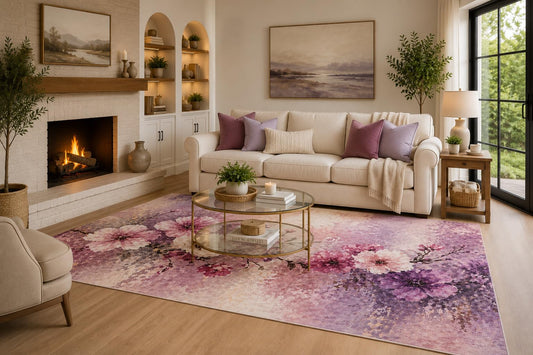 ICE ARMOR 6'7" x 9'10" Pink, Lavender and Cream Spring Blossom Area Rug for Living Room, Soft Low Pile Carpet with Non-Slip Backing for Bedroom, Dining Room and Home Office