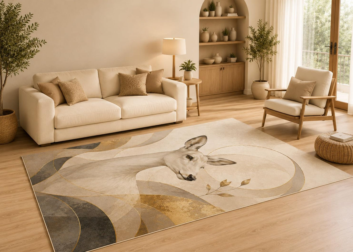 ICE ARMOR 5' x 7' Minimalist Deer Area Rug with Non-Slip Silicone Backing Low Pile Soft Carpet for Living Room Bedroom Neutral Wildlife Decor