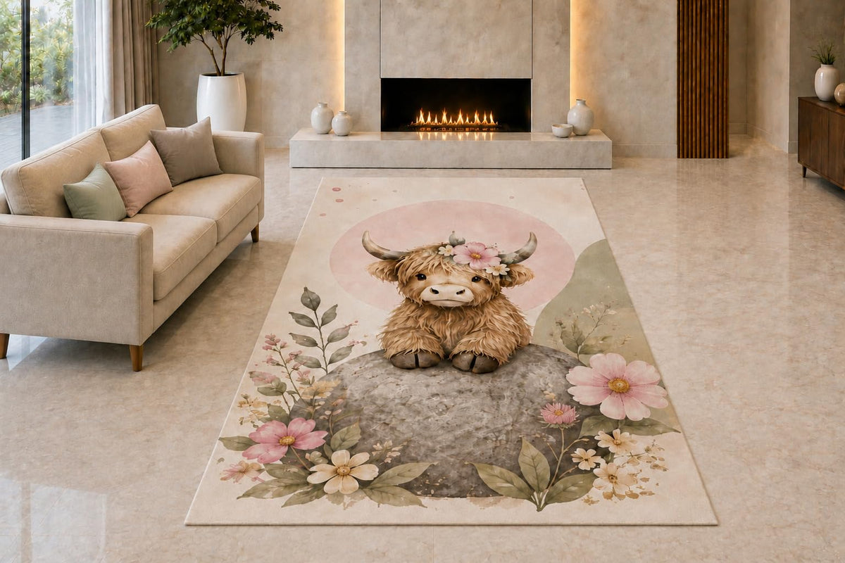 ICE ARMOR "Ultra Light Weight 5' x 7' Highland Cow on Rock Area Rug for Living Room, Bedroom and Home Office, Soft Low Pile Carpet with Non-Slip Silicone Backing, Brown and Pink