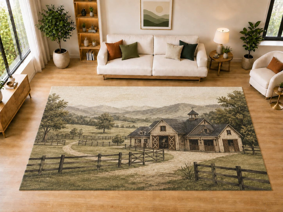 ICE ARMOR "Ultra Light Weight Large 6'7" x 9'10" Country Stable Barn Area Rug for Dining, Living Room, Bedroom, Soft Low Pile Indoor Rug with Non-Slip Silicone Backing, Brown Green