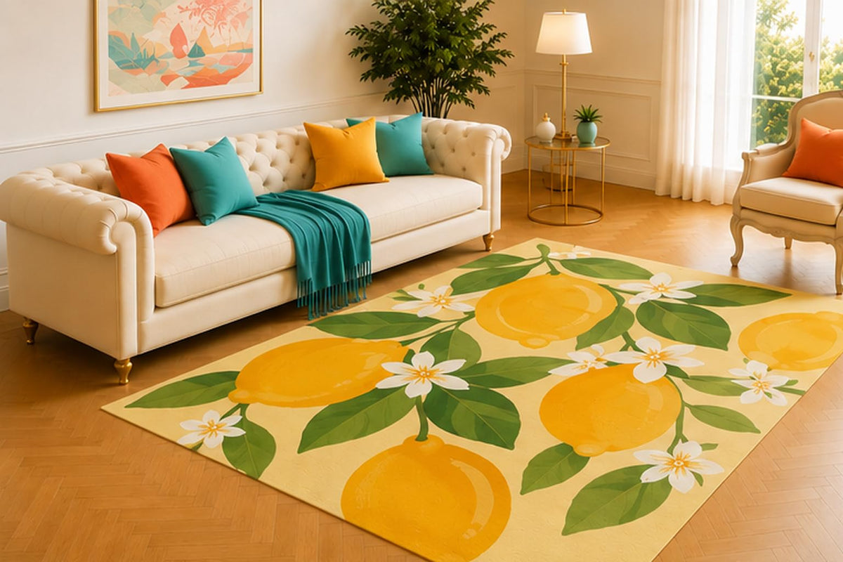 ICE ARMOR 5' x 7' Lemon Blossom Area Rug, Modern Citrus Fruit and Floral Botanical Design in Yellow Green and White, Soft Low Pile Carpet for Living Room Kitchen Dining Room Decor