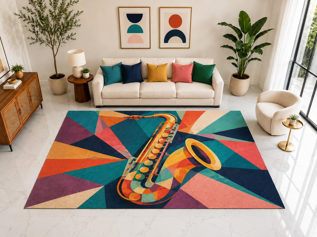 ICE ARMOR "Ultra Light Weight Large 6'7" x 9'10" Colorful Saxophone Rug, Soft Low Pile Indoor Rug, Non-Slip Silicone Backing for Living Room Teal