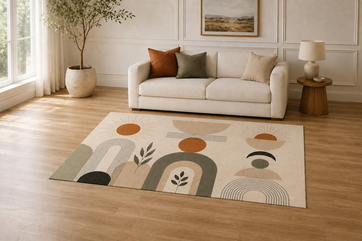 ICE ARMOR "Ultra Light Weight 5' x 7' Retro Arches Area Rug for Living Room, Bedroom and Home Office, Soft Low Pile Carpet with Non-Slip Silicone Backing, Beige and Terracotta