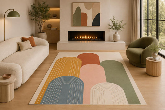 ICE ARMOR 5' x 7' Mid Century Modern Arch Area Rug Retro Geometric Color Block Multicolor Living Room Bedroom Nursery Decor Non-Slip Silicone Backing Low Pile