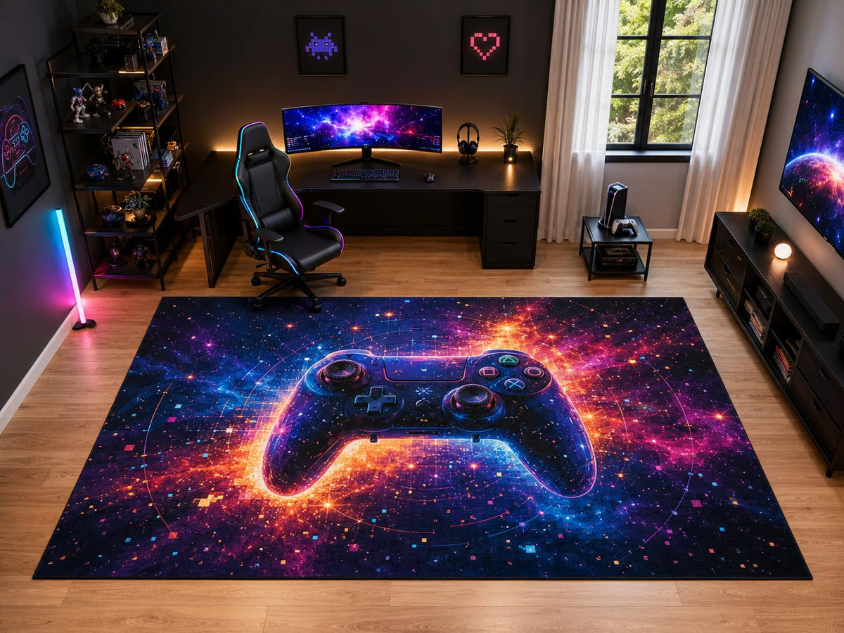 ICE ARMOR "Ultra Light Weight Large 6'7" x 9'10" Cosmic Game Controller Area Rug for Kids Room Playroom, Soft Low Pile Indoor Rug and Non-Slip Silicone Backing, Navy Blue