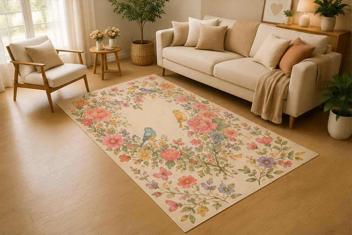 ICE ARMOR 5' x 7' Floral Bird Garden Area Rug, Soft Low Pile Indoor Rug with Non-Slip Silicone Backing for Living Room, Bedroom, Dining Room, Office, Family Room, Pink Green Cream