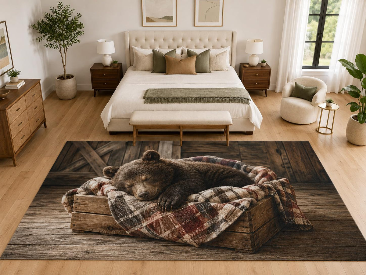 ICE ARMOR "Ultra Light Weight Large 6'7" x 9'10" Sleeping Bear Cabin Rug, Soft Low Pile Indoor Rug, Non-Slip Silicone Backing for Bedroom Brown