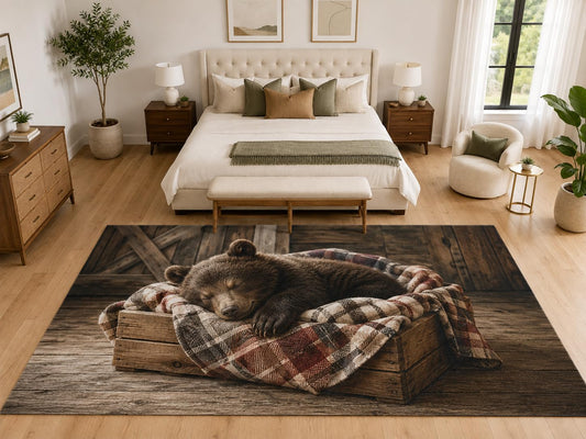 ICE ARMOR "Ultra Light Weight Large 6'7" x 9'10" Sleeping Bear Cabin Rug, Soft Low Pile Indoor Rug, Non-Slip Silicone Backing for Bedroom Brown
