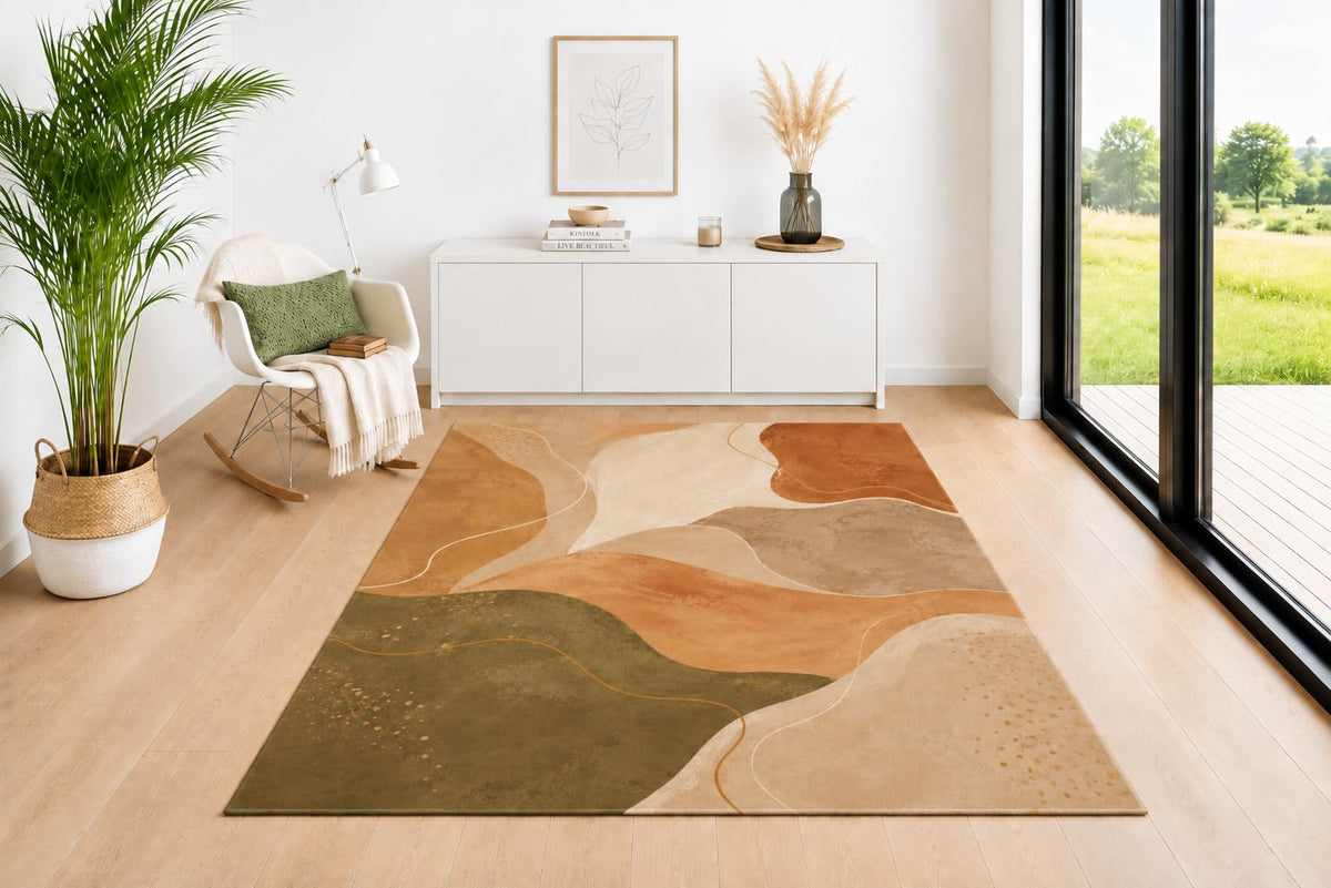 ICE ARMOR 5' x 7' Fluid Curves Area Rug, Modern Earth Tone Pattern in Olive Green Terracotta Beige and Cream, Soft Low Pile Carpet for Living Room Bedroom Office Decor