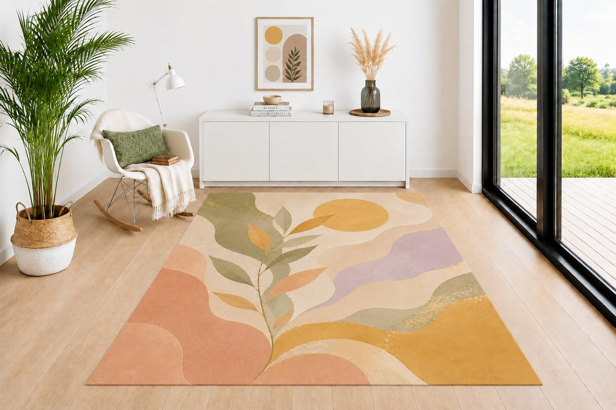 ICE ARMOR 5' x 7' Contemporary Area Rug, Minimal Leaf Branch with Organic Wave Pattern in Sage Green Mustard Terracotta Beige, Neutral Carpet for Living Room Bedroom Nursery Decor