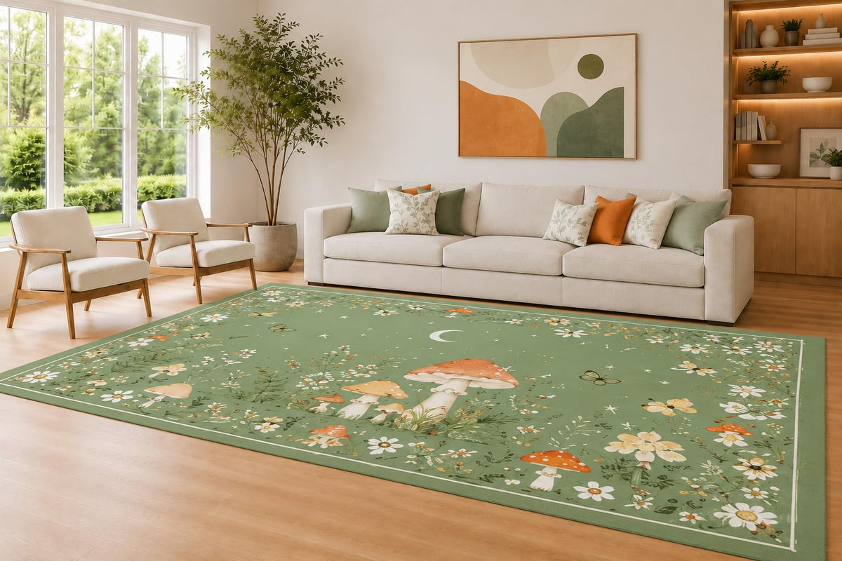 ICE ARMOR Large 6'7" x 9'10" Sage and Orange Mushroom Meadow Area Rug for Living Room, Soft Low Pile Carpet with Non-Slip Silicone Backing, Decor for Bedroom and Home Office