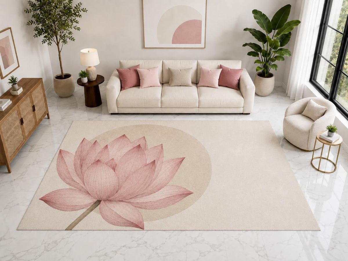 ICE ARMOR "Ultra Light Weight Large 6'7" x 9'10" Lotus Circle Floral Rug, Soft Low Pile Indoor Rug, Non-Slip Silicone Backing for Living Room Pink
