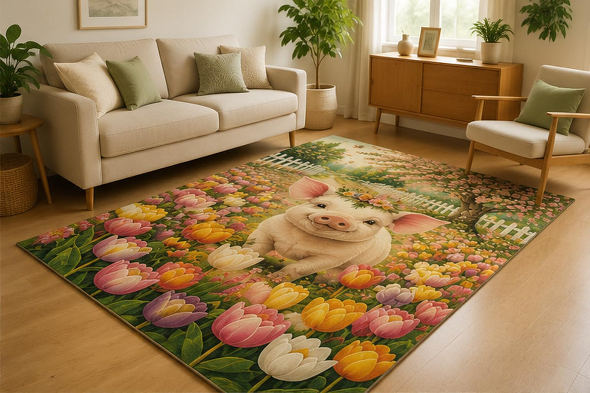 ICE ARMOR 5' x 7' Piglet Tulip Garden Area Rug for Living Room, Soft Low Pile Indoor Rug with Non-Slip Silicone Backing, Floral Farm Carpet for Bedroom, Nursery, Playroom, Kids & Pets, Pink Green