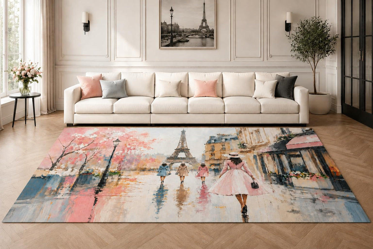 ICE ARMOR "Ultra Lightweight Large 6'7" x 9'10" Paris Rain Walk Area Rug for Living Room, Bedroom and Home Office, Soft Low Pile Carpet with Non-Slip Silicone Backing, Pink and Gray