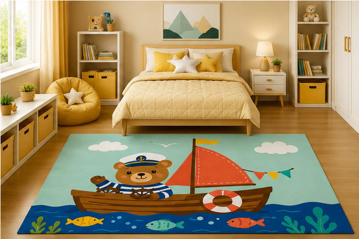 ICE ARMOR 5' x 7' Captain Bear Sailing Boat Area Rug for Boys Bedroom Nursery Playroom Scandinavian Minimalist Nautical Ocean Animal Decor Non-Slip Silicone Backing Low Pile