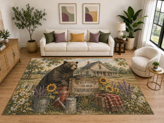 ICE ARMOR "Ultra Light Weight Large 6'7" x 9'10" Bear Welcome Farm Area Rug, Soft Low Pile Indoor Rug, Non-Slip Silicone Backing, Living Room, Beige