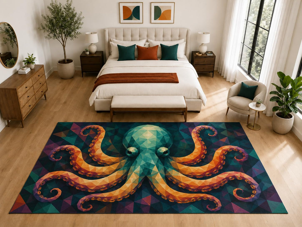 ICE ARMOR "Ultra Light Weight Large 6'7" x 9'10" Geometric Octopus Rug, Soft Low Pile Indoor Rug, Non-Slip Silicone Backing for Playroom Teal