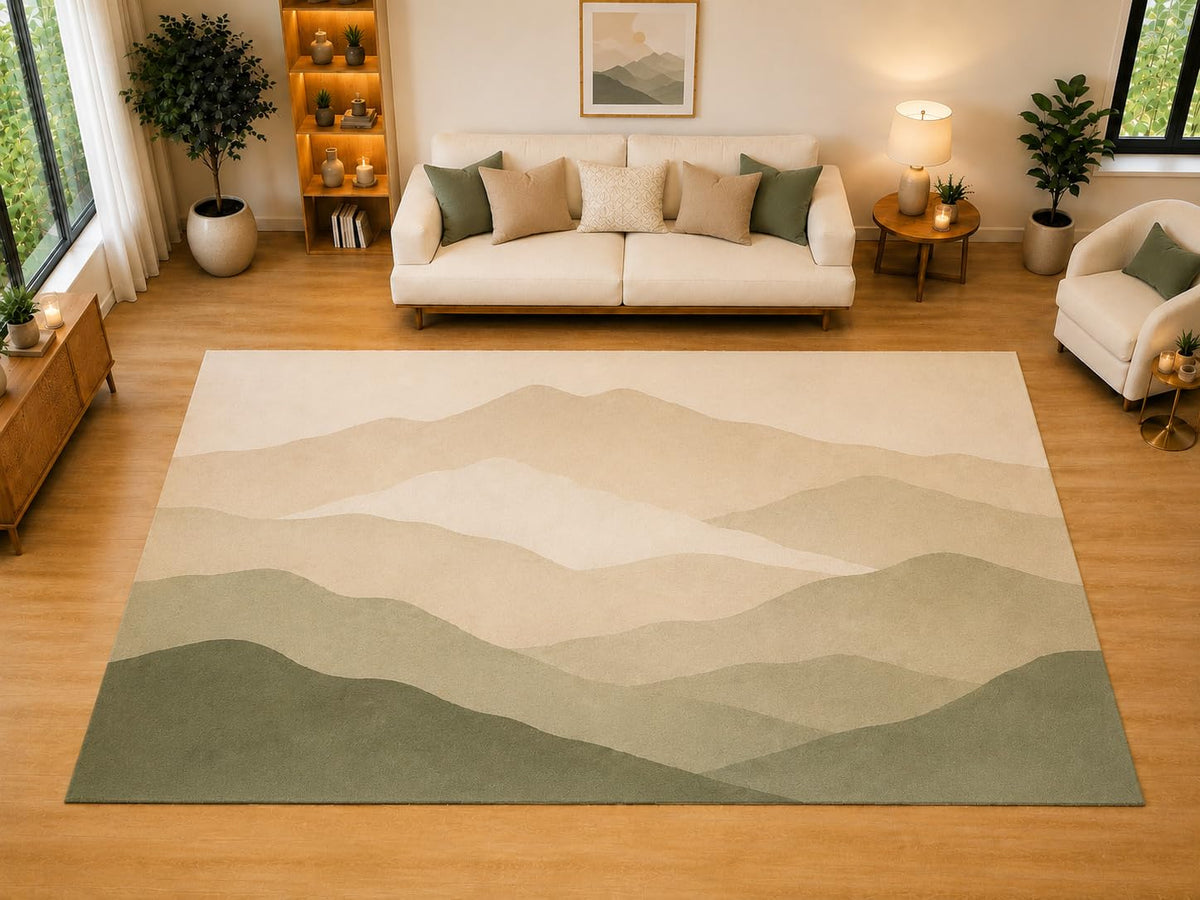 ICE ARMOR "Ultra Light Weight Large 6'7" x 9'10" Layered Mountain Silhouette Area Rug for Living Room, Bedroom, Dining Room, Soft Low Pile Non-Slip Backing, Sage Cream