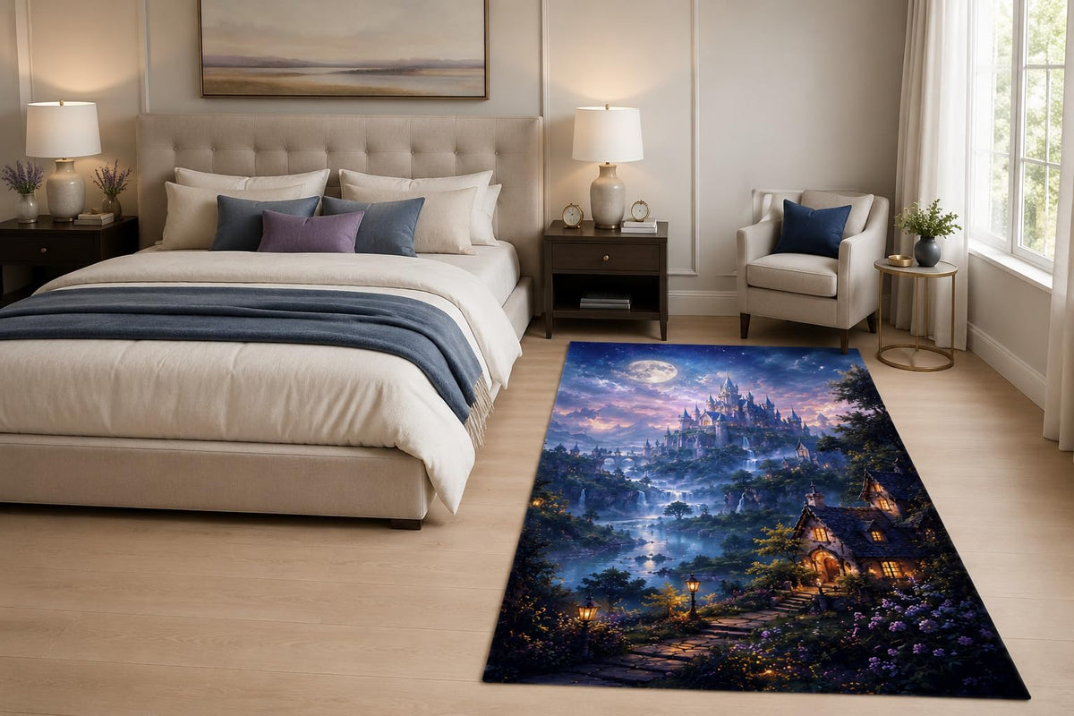 ICE ARMOR "Ultra Light Weight 5' x 7' Moonlit Castle Falls Area Rug for Living Room, Bedroom and Home Office, Soft Low Pile Carpet with Non-Slip Silicone Backing, Blue and Purple