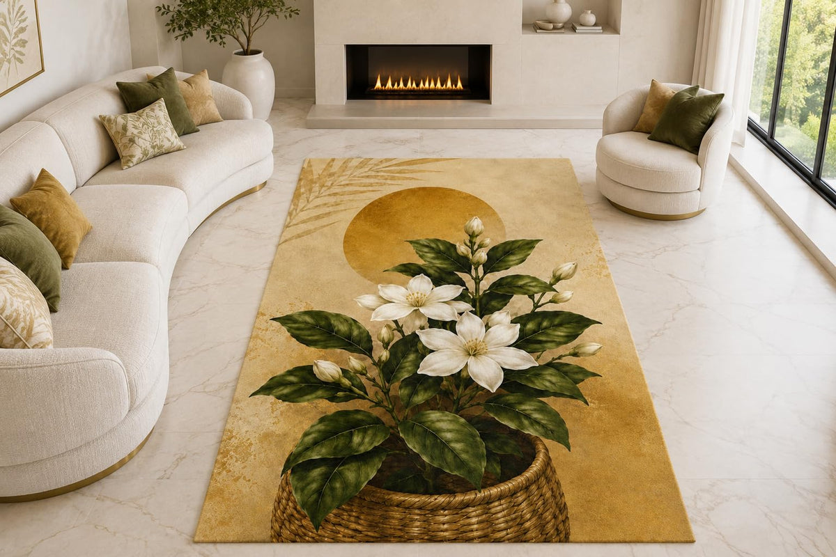 ICE ARMOR "Ultra Lightweight Large 6'7" x 9'10" Potted Gardenia Blooms Area Rug for Living Room, Bedroom and Home Office, Soft Low Pile Carpet with Non-Slip Silicone Backing, Green and Tan