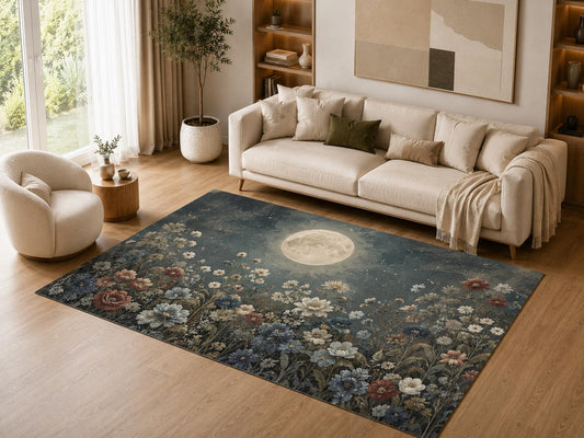 ICE ARMOR 5' x 7' Moonlit Wildflower Garden Area Rug, Soft Low Pile Indoor Rug with Non-Slip Silicone Backing, Floral Night Sky Carpet for Living Room, Bedroom, Office, Family Room, Blue Multicolor